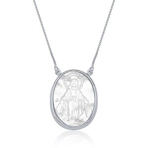Colar Nossa Senhora das Graças em madrepérola grande (ródio branco)