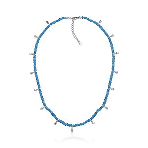 Colar com água marinha indiana e mini gotas de metal (ródio branco)