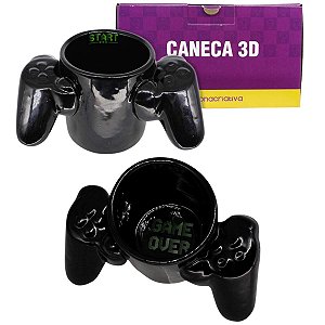 Caneca Controle Gamer 3D Porcelana Preta 350ML Game Over