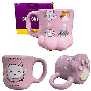 Caneca 3D Pata Gata Gatinhos I Love Cats Porcelana Rosa 350ml