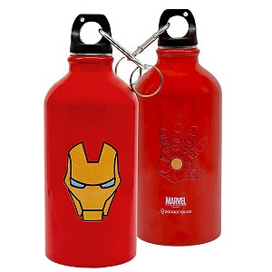 Garrafa Homem De Ferro Iron Man Alumínio Com Mosquetão 500ML Escola Academia Trabalho Quente E Frio Oficial Marvel