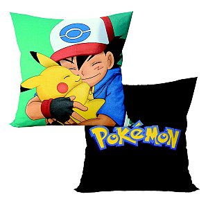 Almofada Pokémon Pikachu e Ash Ketchum Abraço Aveludada Quadrada 40cmX40cm