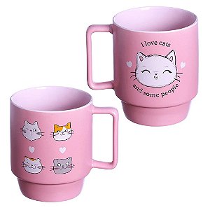 Caneca Eu Amo Gatos Gatinhos Empilhável Porcelana Rosa 400ML