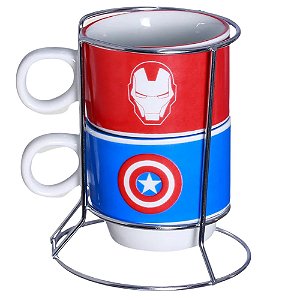 Vingadores Torre Com 2 Canecas Porcelana + Suporte Metal Homem De Ferro E Capitão América Oficial Marvel