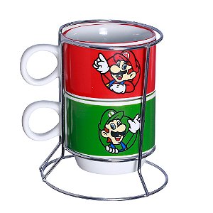 Super Mario E Luigi Torre Com 2 Canecas Porcelana + Suporte Metal Oficial Nintendo