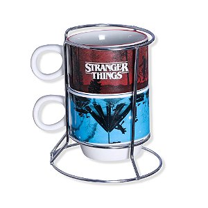 Stranger Things Torre Com 2 Canecas Porcelana + Suporte Metal Oficial Netflix