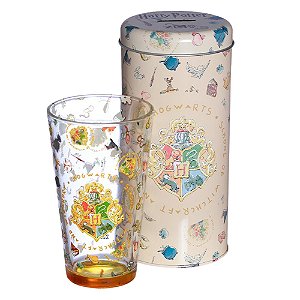 Harry Potter Hogwarts Kit Copo De Vidro 500ml + Cofre Metal Oficial Warner Bros