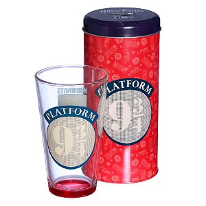 Harry Potter Kit Copo De Vidro 500ml + Cofre Metal Plataforma 9 3/4 Oficial WB