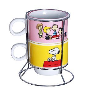 Snoopy Torre Com 2 Canecas De Porcelana + Suporte Metal Oficial Peanuts