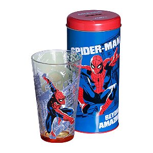 Homem-Aranha Kit Copo De Vidro 500ml + Cofre Metal Spiderman City Oficial Marvel