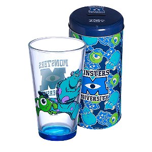 Universidade Monstros Kit Copo De Vidro 500ml + Cofre Metal Mike Sulley Oficial Disney