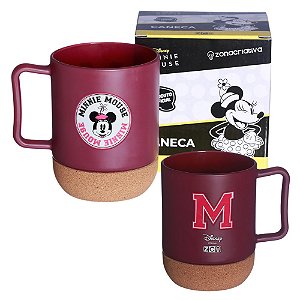 Caneca Minnie Mouse Vidro 350ml Com Base De Cortiça Porta-Copo Oficial Disney