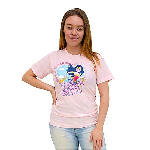 Camiseta Mulher Maravilha Rosa Infantil 100% Algodão Oficial DC