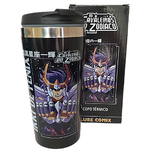 Copo Ikki de Fênix Térmico 450ml Com Tampa Para Viagem Oficial Toei Os Cavaleiros Do Zodíaco