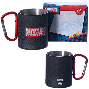 Caneca Marvel Preta Aço Inox Com Mosquetão 300ml Oficial