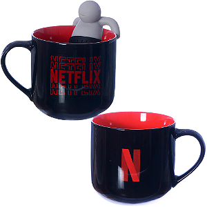 Caneca Netflix Logo Cerâmica Com Boneco Infusor Chá Oficial