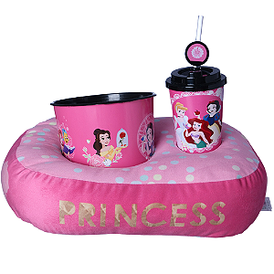 Kit Princesas Ariel Branca Neve Bela Cinderela  Almofada Suede + Balde Pipoca + Copo Oficial Disney