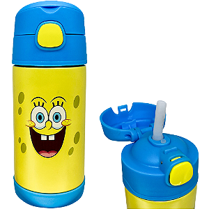 Garrafa Bob Esponja Térmica Infantil Metal Com Canudo De Silicone 300ML Oficial Nickelodeon