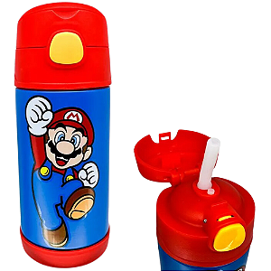Garrafa Super Mario Térmica Infantil Com Canudo De Silicone 300ML Azul E Vermelha Oficial Nintendo