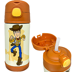 Garrafa Xerife Wood Térmica Quente Gelada Infantil Com Canudo De Silicone 300ML Oficial Toy Story Disney
