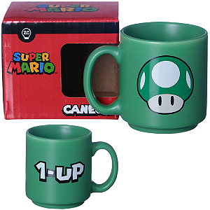 Mini Caneca Cogumelo Verde 1-UP Café Expresso Empilhável Cerâmica 100ML Oficial Super Mario Nintendo