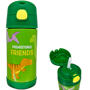 Garrafa Dinossauros Amigos Pré-Históricos Térmica Quente Gelada Infantil Com Canudo De Silicone Verde 300ML