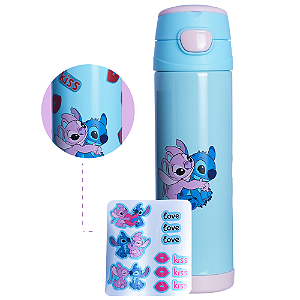 Garrafa Stitch Térmica 6 Horas Quente Gelada Azul Rosa 500ml Com Cartela Adesivos Personalização Oficial Disney