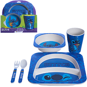 Stitch Kit Refeição Infantil Fibra Bambu E Melamina Bowl + Prato + Copo + Garfo E Faca Oficial Disney