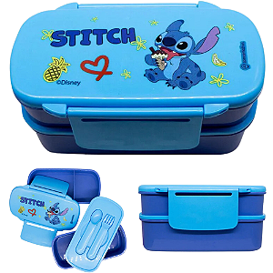 Stitch Marmita Lancheira Infantil Com Garfo E Faca BPA FREE Com 3 Divisórias 800ml Oficial Disney