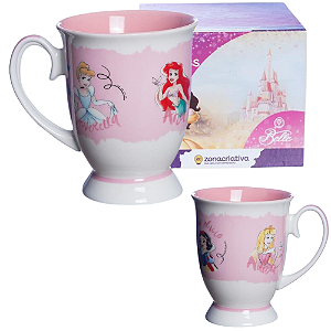 Caneca Princesas Cinderela Ariel Branca De Neve Aurora Clássica Cerâmica 300ml + Caixa Presente Oficial Disney