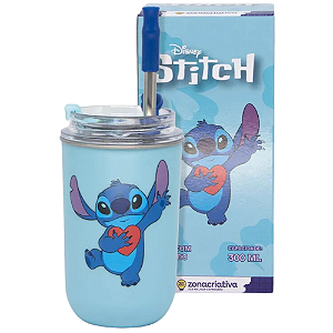Copo Stitch Térmico Quente Gelado 300ml Com Tampa E Canudo Oficial Disney