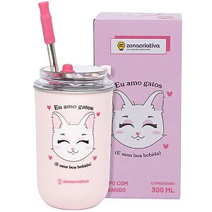 Copo Eu Amo Gatos Gatas Cat Térmico Quente Gelado 300ml Com Tampa E Canudo