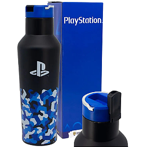 Garrafa Playstation Térmica 6 Horas Quente Gelada Preta E Azul Com Canudo E Alça 600ml Oficial Sony