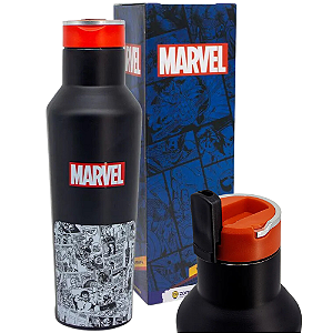 Garrafa Logo Marvel Térmica 6 Horas Quente Gelada Com Canudo E Alça 600ml Oficial Disney