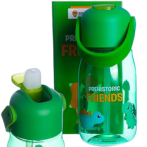 Garrafa Amigos Dinossauros Infantil Com Canudo Silicone Alça 400ml BPA Free