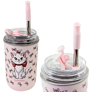 Copo Gata Marie Térmico Quente Gelado 300ml Com Tampa E Canudo Oficial Disney