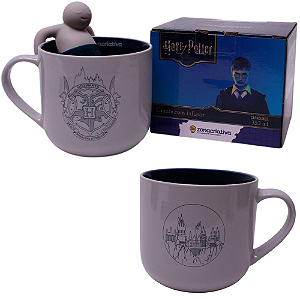 Caneca Castelo Hogwarts Com Boneco Infusor De Chá Cerâmica Oficial Harry Potter