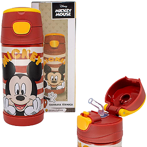 Garrafa Mickey Mouse Térmica Quente Gelada Infantil Com Canudo De Silicone 350ML Oficial Disney