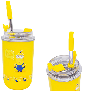 Copo Minnions Térmico Quente Gelado 300ml Com Tampa E Canudo Oficial Illumination