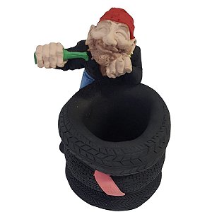 Estátua Porta Lápis Motoqueiro No Pneu Em Resina 15cm Altura