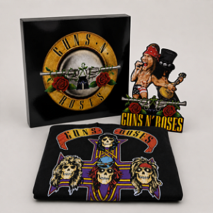 KIT EXCLUSIVO GUNS N' ROSES - CAMISETA + MINI DISPLAY DE MESA + ADESIVO