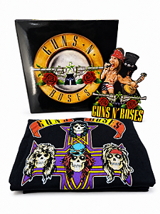 KIT EXCLUSIVO GUNS N' ROSES - CAMISETA + MINI DISPLAY DE MESA + ADESIVO