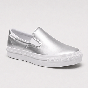 ALL STAR CHUCK TAYLOR PLATAFORMA SLIP ON PRATA COURO