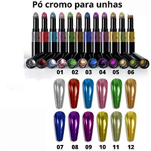pó cromo  efeito metal em caneta para unhas