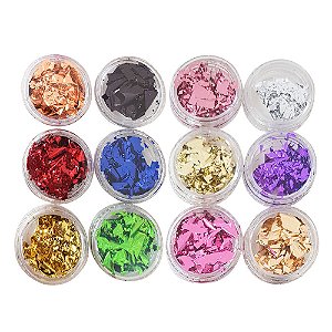 Kit 12 Folhas de Ouro Nail Colorida Decoração Glitter Design