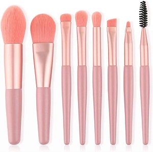 Kit 8 Mini Pinceis Para Maquiagem + Estojo Transparente Para Viagem pincel conjunto base blush Rosa