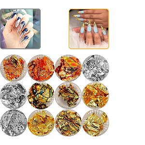 kit 10 folhas de ouro nail desIgner prata doura