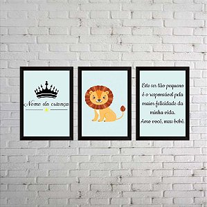 Kit 03 Quadros de leão com fundo azul