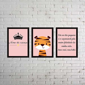 Kit 03 Quadros de tigre com fundo rosa