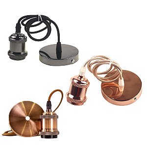 Pendente Decoração Vintage Retrô Soquete Bocal E27 Metal Tampa Suporte De Teto Decorativa e Fio Cabo PP Com Tecido